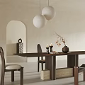 Stylish Dark Wood Dining Table Set with Four Chairs Vase Candles and White Pendant Lights