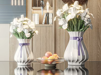 White Vases With Purple Ribbons Holding Fresh White Flowers And Fruit Plate On Modern Counter 3d model