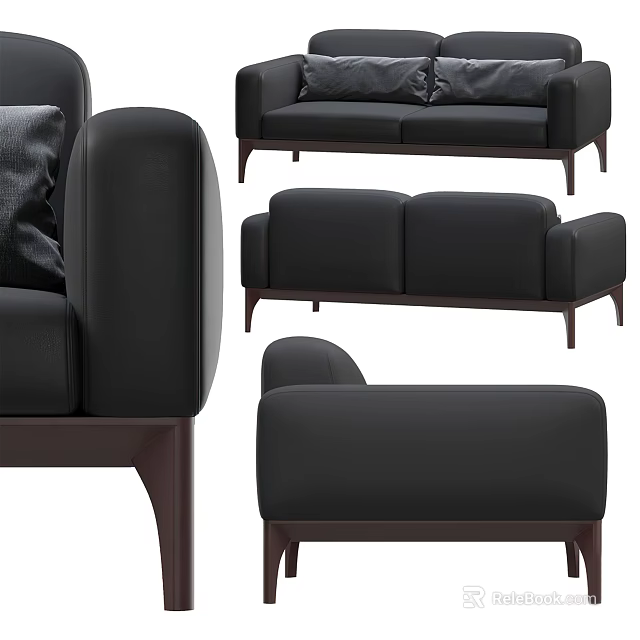 Modern Black Two-Seater Sofa With Wooden Legs And Multiple Angles View 3d model