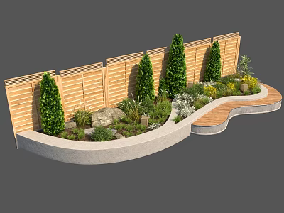 Beautiful Garden Landscape With Wooden Fence Trimmed Trees Stones Curved Pathway And Concrete Border 3d model