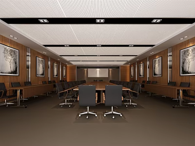 Spacious Conference Room With Long Table Wooden Walls Decorative Paintings And Projection Screen 3d model