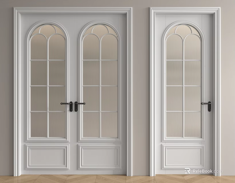 Modern White Casement Doors With Double Single Panels And Ribbed Glass Design 3d model 