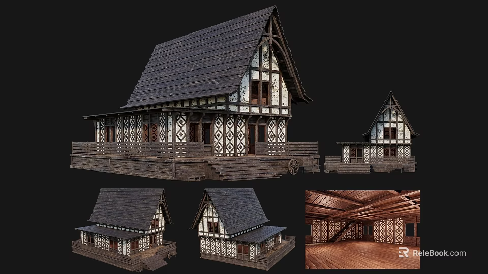 Ancient Traditional Wooden Architecture with Sloped Roof Frames Carved Patterns and Interior Details 3d model 