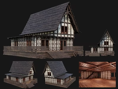 Ancient Traditional Wooden Architecture with Sloped Roof Frames Carved Patterns and Interior Details 3d model
