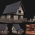 Ancient Traditional Wooden Architecture with Sloped Roof Frames Carved Patterns and Interior Details