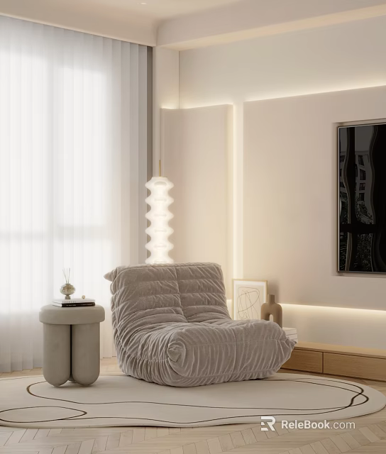 Modern Elegant Beige Lazy Sofa With Cozy Soft Material Warm Lighting And Side Table Decor 3d model 