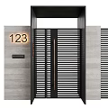 Modern Entrance Gate With House Number 123 Black Slatted Design And Gray Concrete Walls