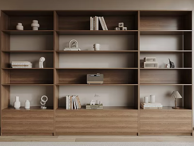 Modern Wooden Bookcase With Multiple Shelves Books Decorative Vases Small Ornaments And Vintage Radio 3d model