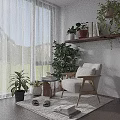 Beige Upholstered Armchair With Wooden Armrest In Modern Living Room With Plants Bookshelf And Curtains