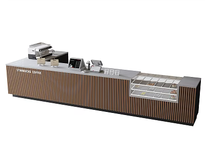 Modern Store Front Desk with Wooden Stripes Cash Register and Display Area 3d model