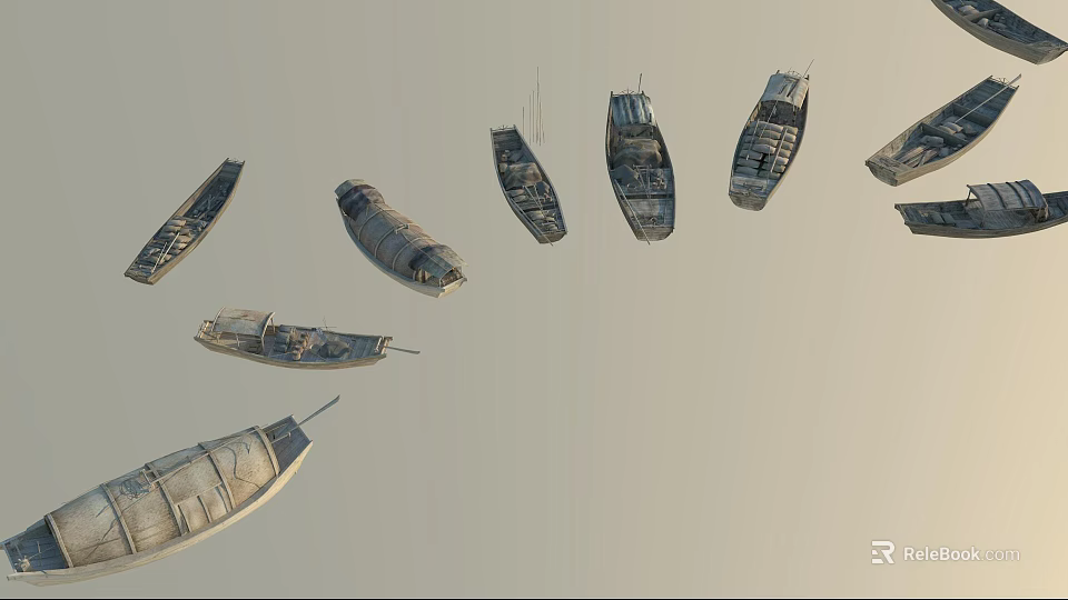 Weathered Wooden Boats Hanging in Clear Sky with Rustic Design and Vintage Charm 3d model 