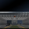 Grand Stone Entrance Gate with Symmetric Buildings and Vehicles on Road