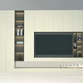 Sleek White TV Stand With Open Storage Shelves And Decorative Items In Modern Living Room