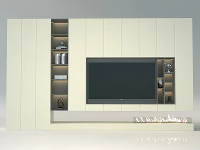 Sleek White TV Stand With Open Storage Shelves And Decorative Items In Modern Living Room 3d model