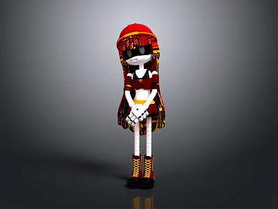 3D Character With Red Headdress Black Mask Red White Outfit Yellow Boots And Crossed Hands 3d model