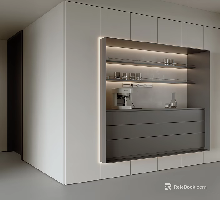 Modern Sideboard Design With White Gray Finish LED Lighting Drawers And Glassware Shelves 3d model 