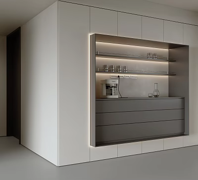 Modern Sideboard Design With White Gray Finish LED Lighting Drawers And Glassware Shelves 3d model