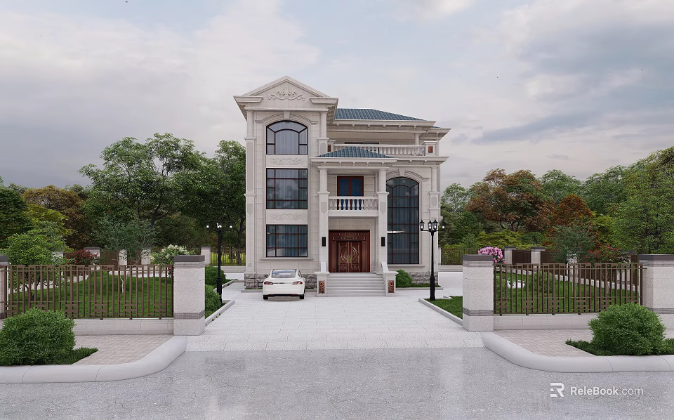 Two Story European Style Detached Villa With Large Windows Porch And Driveway 3d model 