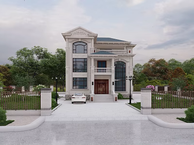 Two Story European Style Detached Villa With Large Windows Porch And Driveway 3d model