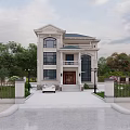 Two Story European Style Detached Villa With Large Windows Porch And Driveway