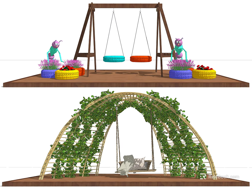 Outdoor Garden Swing Space With Wooden Platform Green Decor Flower Pots And Vine Arch 3d model 