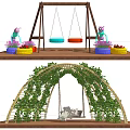 Outdoor Garden Swing Space With Wooden Platform Green Decor Flower Pots And Vine Arch
