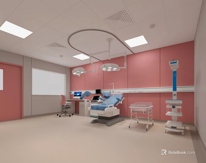 Modern Operating Room With Pink Walls Surgical Bed Lights And Equipment 3d model 