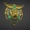 Ornate Weapon Badge With Golden Frame Detailed Lion Head Green Gemstones And Decorative Wings