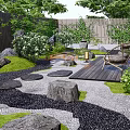 Japanese Courtyard Garden With Wooden Deck Stone Lanterns Small Bridge Green Plants And Bamboo Fence