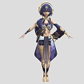 Anime Style Fantasy RPG Game Character With Purple Long Hair Golden Headdress And Blue Outfit
