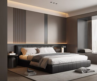 Modern Bedroom Interior Design With Striped Headboard Wall White Bedding Black Bed And Rug 3d model