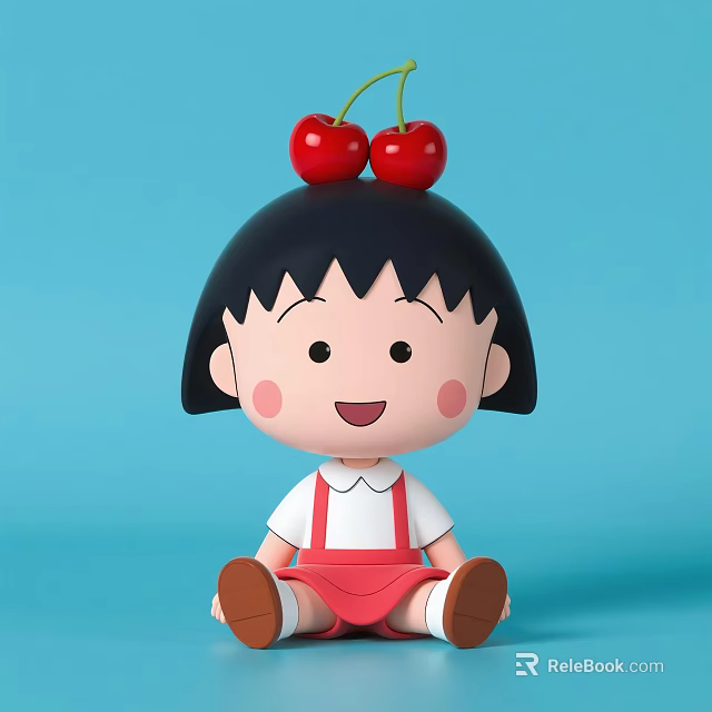 Happy Cartoon Girl With Black Short Hair Red Cherries And Red Overalls On Blue Background 3d model 