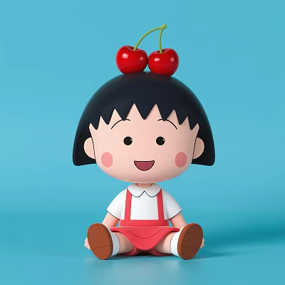 Happy Cartoon Girl With Black Short Hair Red Cherries And Red Overalls On Blue Background 3d model