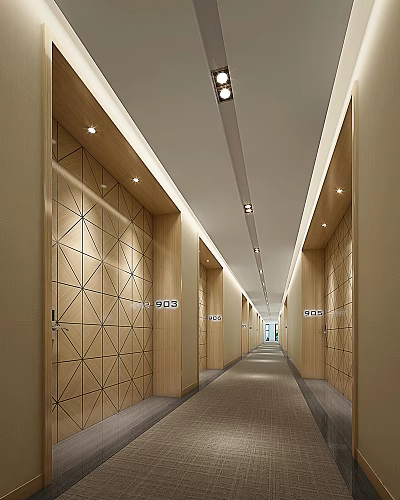 Modern Hotel Corridor With Wooden Doors Geometric Patterns Lighting Carpet And Room Numbers 3d model