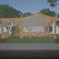 Modern Wooden Pavilion With Curved Roof White Wall Green Lawn And Trees Surroundings