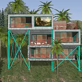Modern Detached Villa with Large Glass Windows Red Railings and Gravel Driveway by Tall Trees
