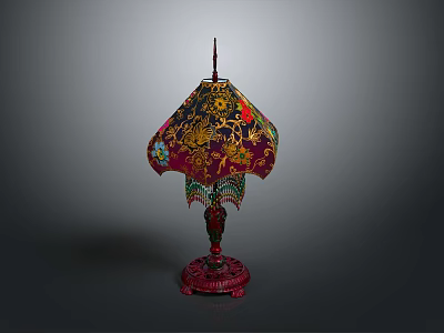 Vintage Embroidered Table Lamp Furniture With Red Base And Colorful Floral Patterns 3d model