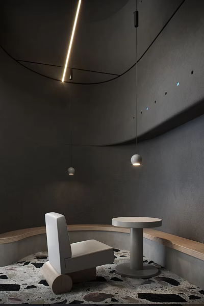 Modern Minimalist Cafe with Gray Curved Walls Hanging Spherical Lights Round White Tables and Chairs 3d model