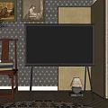 Modern TV in Living Room With Dark Patterned Wallpaper Wooden Side Table and Table Lamp