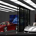 Modern Luxury Car Showroom Interior With Red And White Sports Cars And Digital Screens