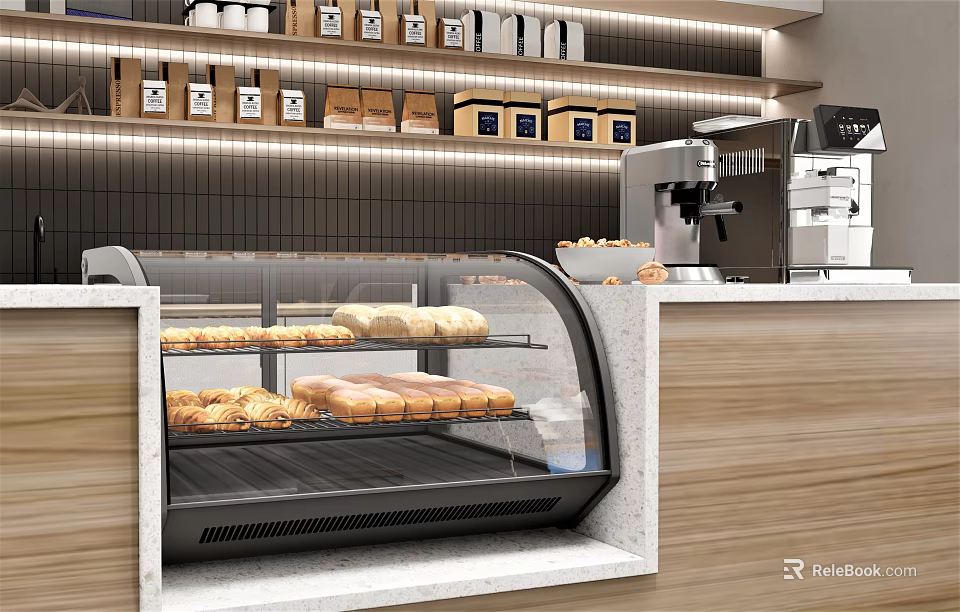 Curved Glass Bakery Display Case With Fresh Bread And Pastries On Wooden Counter 3d model 