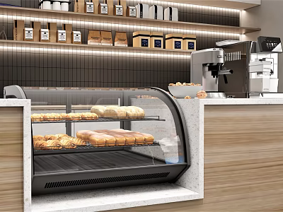 Curved Glass Bakery Display Case With Fresh Bread And Pastries On Wooden Counter 3d model