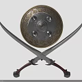Decorative Weapons Featuring Ornate Shield Crossed Scimitars And Intricate Patterns On Stand 3d model
