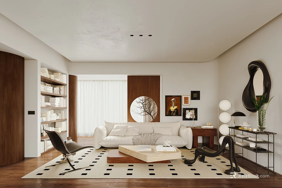 Modern Living Room Interior With White Sofa Wooden Bookshelf Round Mirror And Black White Rug 3d model 