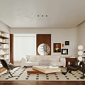 Modern Living Room Interior With White Sofa Wooden Bookshelf Round Mirror And Black White Rug