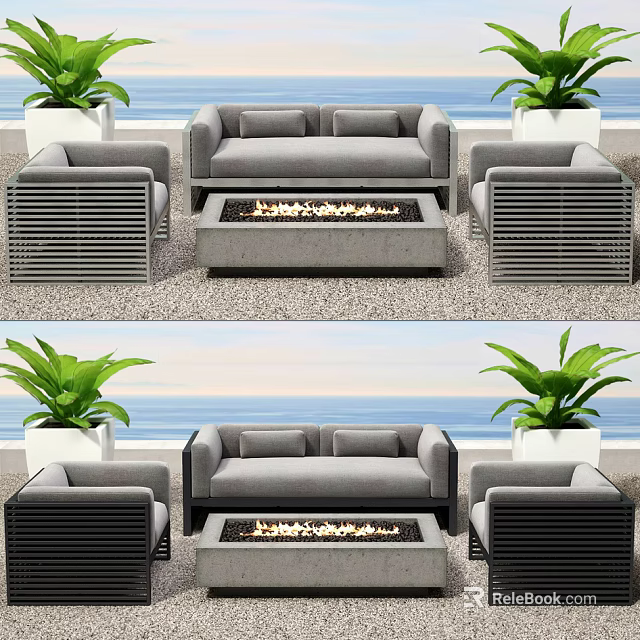 Gray Outdoor Sofa Set With Armchairs Fire Pit And Beach Backdrop Green Plants 3d model 