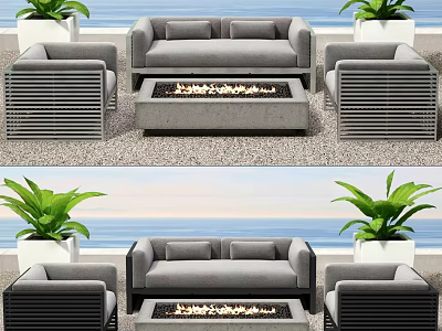Gray Outdoor Sofa Set With Armchairs Fire Pit And Beach Backdrop Green Plants 3d model
