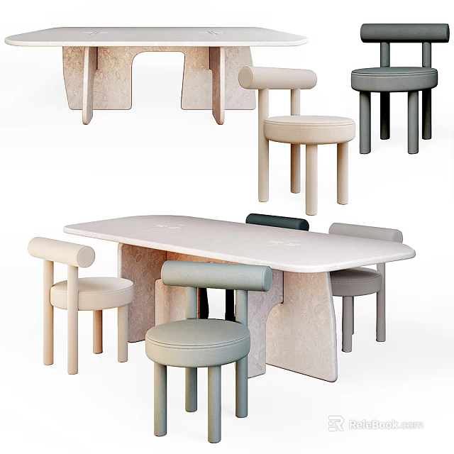 Modern Minimalist Dining Table Set With Light Beige Gray Chairs Round Backrest Design 3d model 