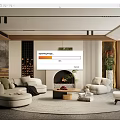 Modern Cozy Living Room With Beige Sofas Round Rug Fireplace Green Artwork And Wooden Accents
