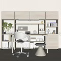 Study Studio Desk and Chair suit Office Desk and Chair Combination Workbench Bookcase Bookshelf Cream White Tone 3d model
